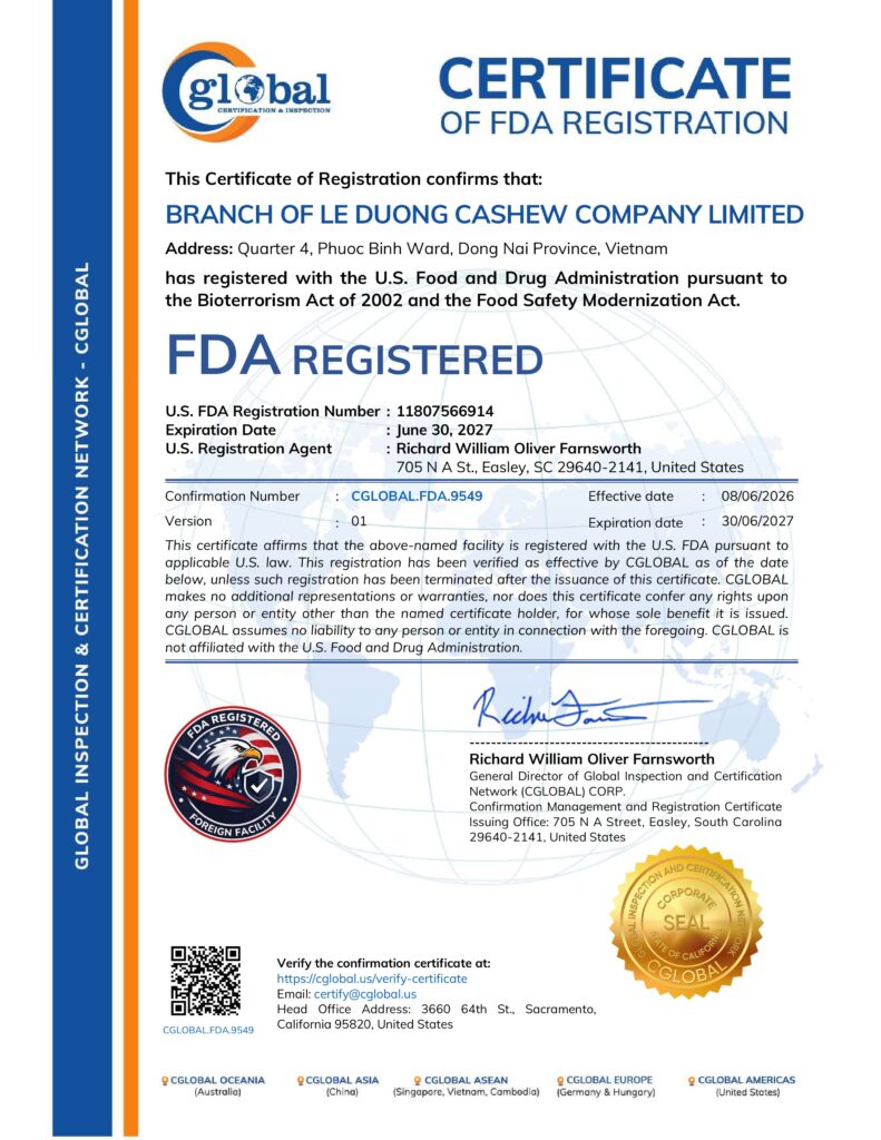 FDA_CERTIFICATE_LEDUONGCASHEW
