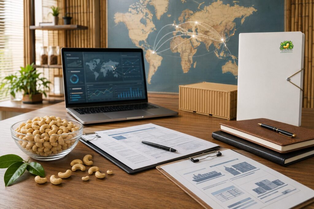 Vietnamese cashew export payment risk control desk with shipping documents and a logistics dashboard