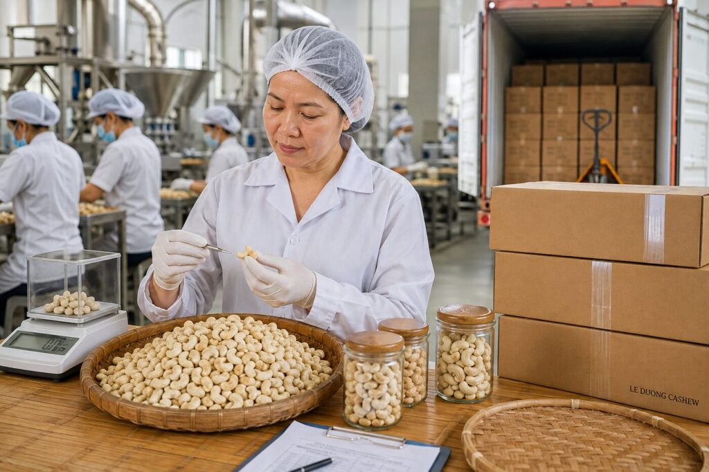 Cashew export risk control at a Vietnamese factory with quality inspection and export packing
